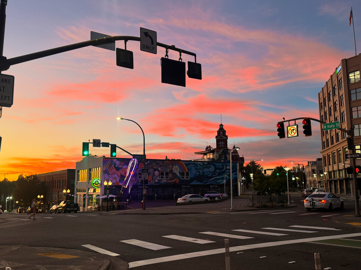 Sunset at the corner of Holly and Bay in Bellingham, WA.