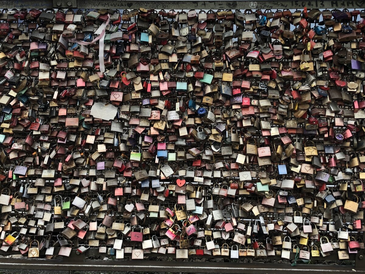 The countless love locks on Hohenzollern Bridge in Cologne, Germany.